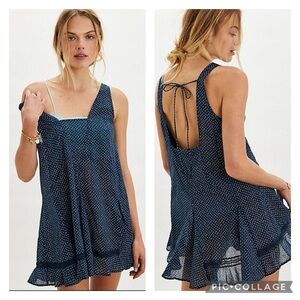 EUC Free People Staying Local Navy Polka Dote Printed Cotton Slip Mini Dress